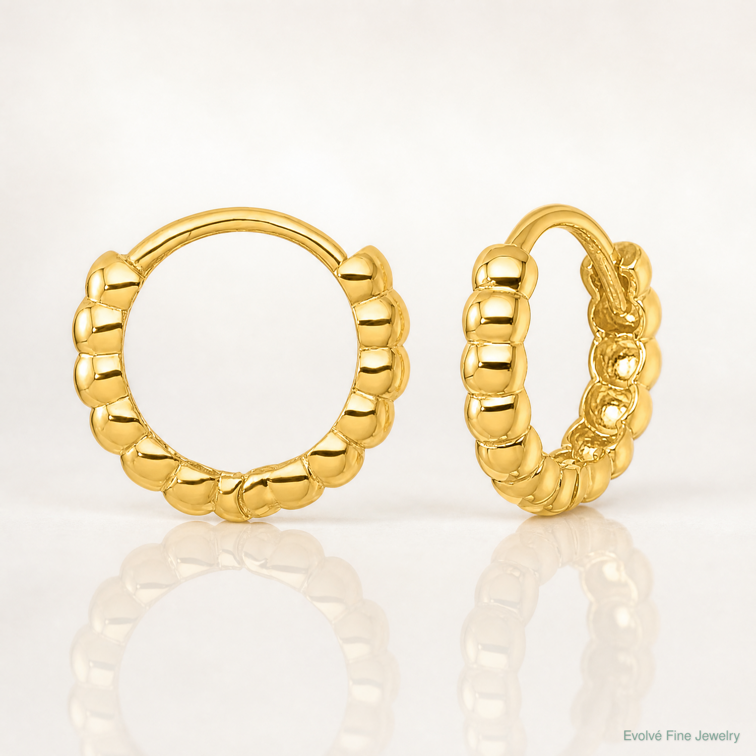 14k Polished 2.25mm Beaded Hinged Huggie Hoop Earrings - Lifestyle View