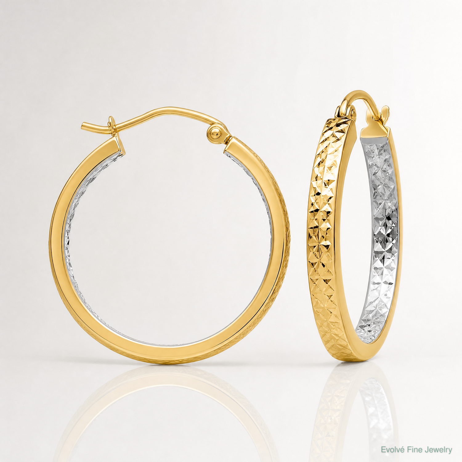 14k White Rhodium Light Square Diamond Cut Hoop Earrings - Lifestyle View