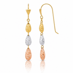 14k Tri-color Puff Diamond-cut Teardrop Dangle Earrings - Lifestyle View