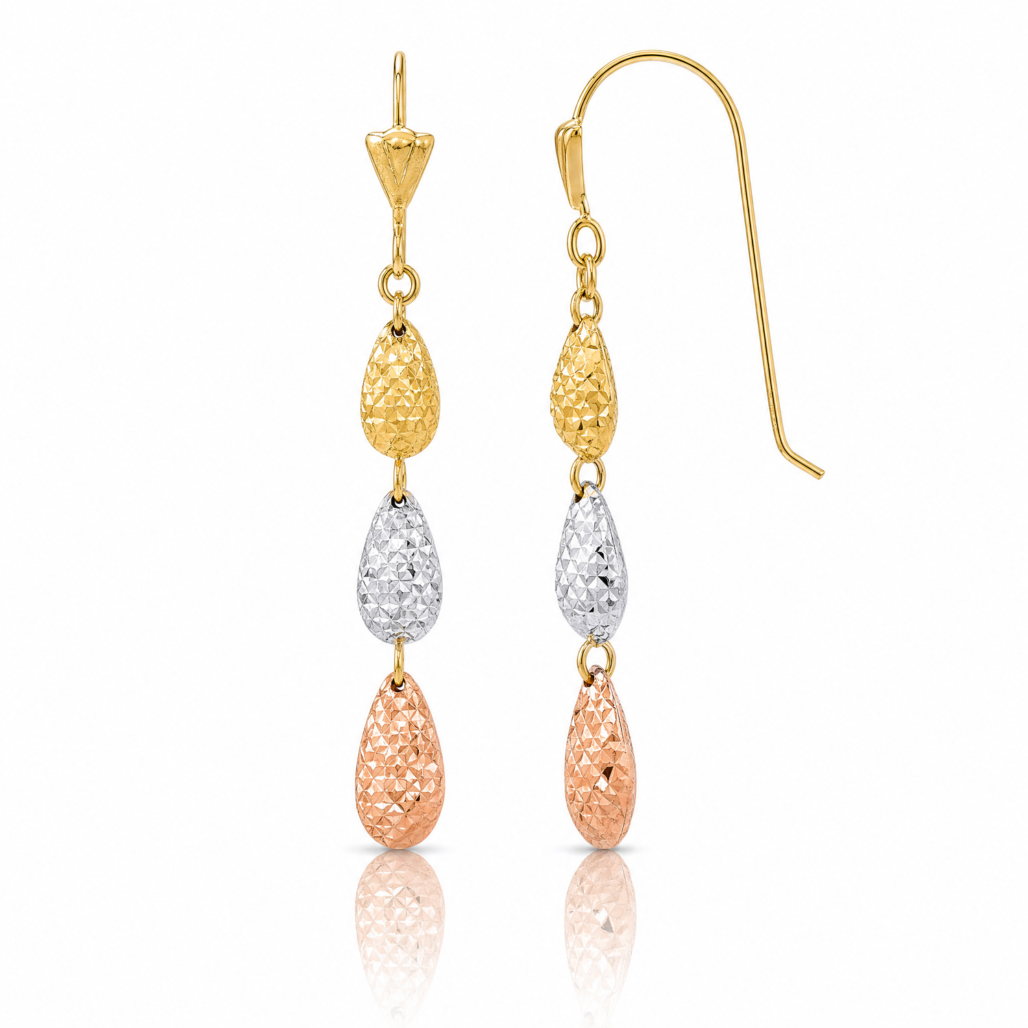 14k Tri-color Puff Diamond-cut Teardrop Dangle Earrings - Lifestyle View