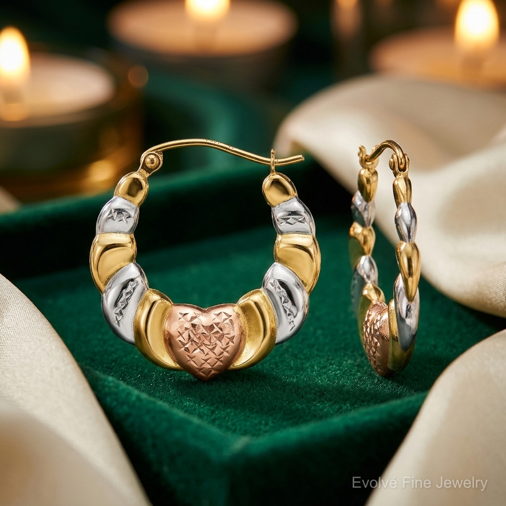14K & White and Rose Rhodium Scalloped Heart Hoop Earrings - Lifestyle View