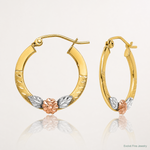 14K Yellow & Rose Gold w/ Rhodium Diamond Cut Flower Hoop Earrings - Lifestyle View