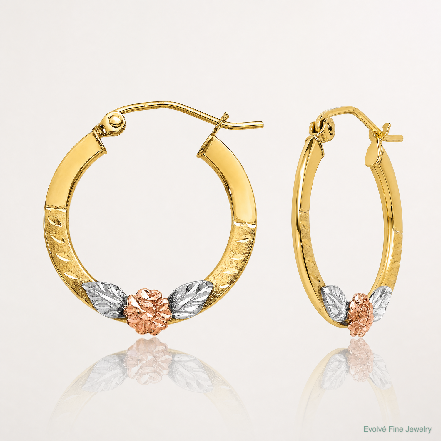 14K Yellow & Rose Gold w/ Rhodium Diamond Cut Flower Hoop Earrings - Lifestyle View
