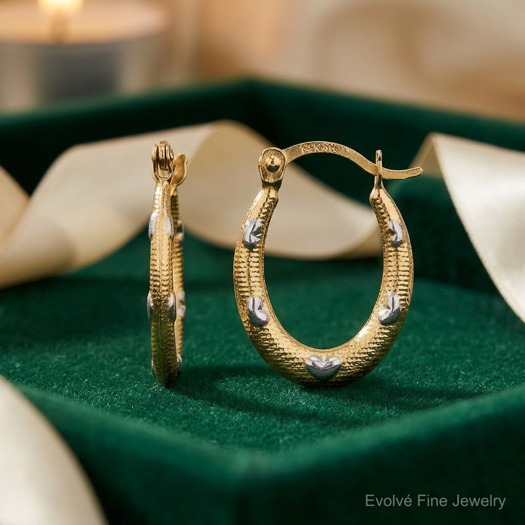 14K Rhodium Textured Hollow Oval w/ Hearts Hoop Earrings - Lifestyle View