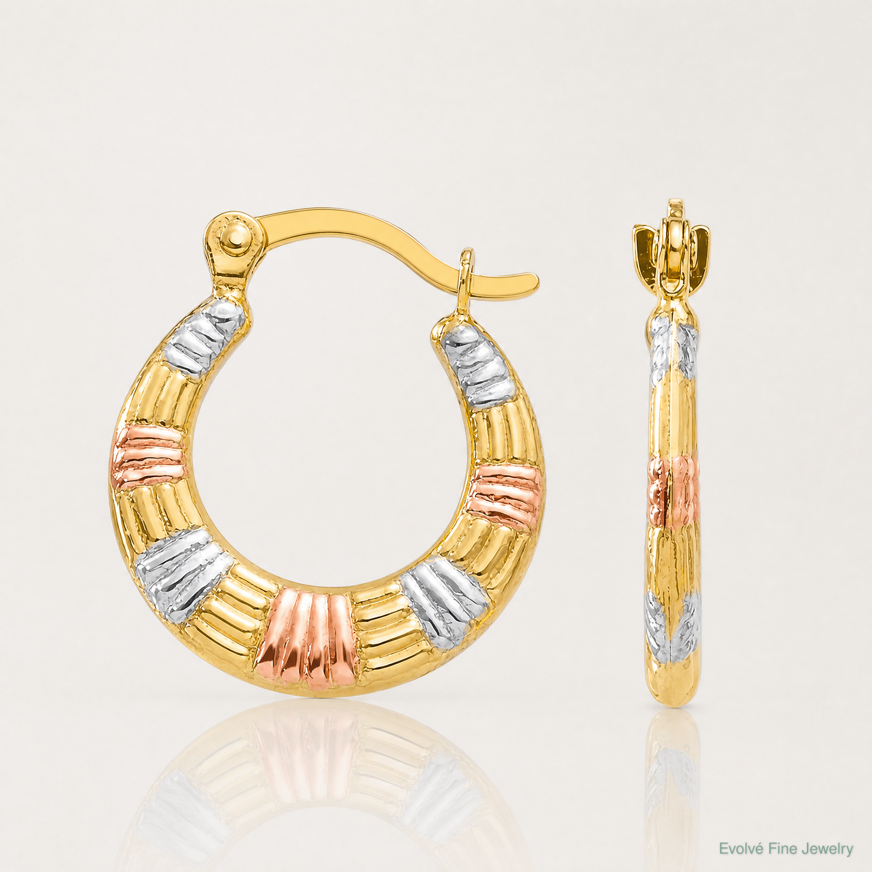 14K & White and Rose Rhodium Hollow Textured Hoop Earrings - Lifestyle View