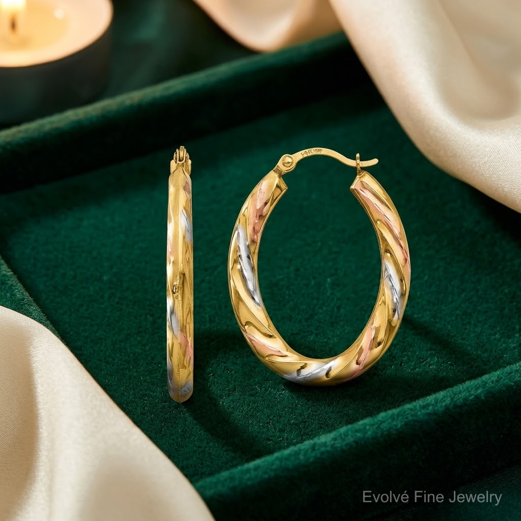 14K & White & Rose Rhodium Oval Hollow Scallop Hoop Earrings - Lifestyle View