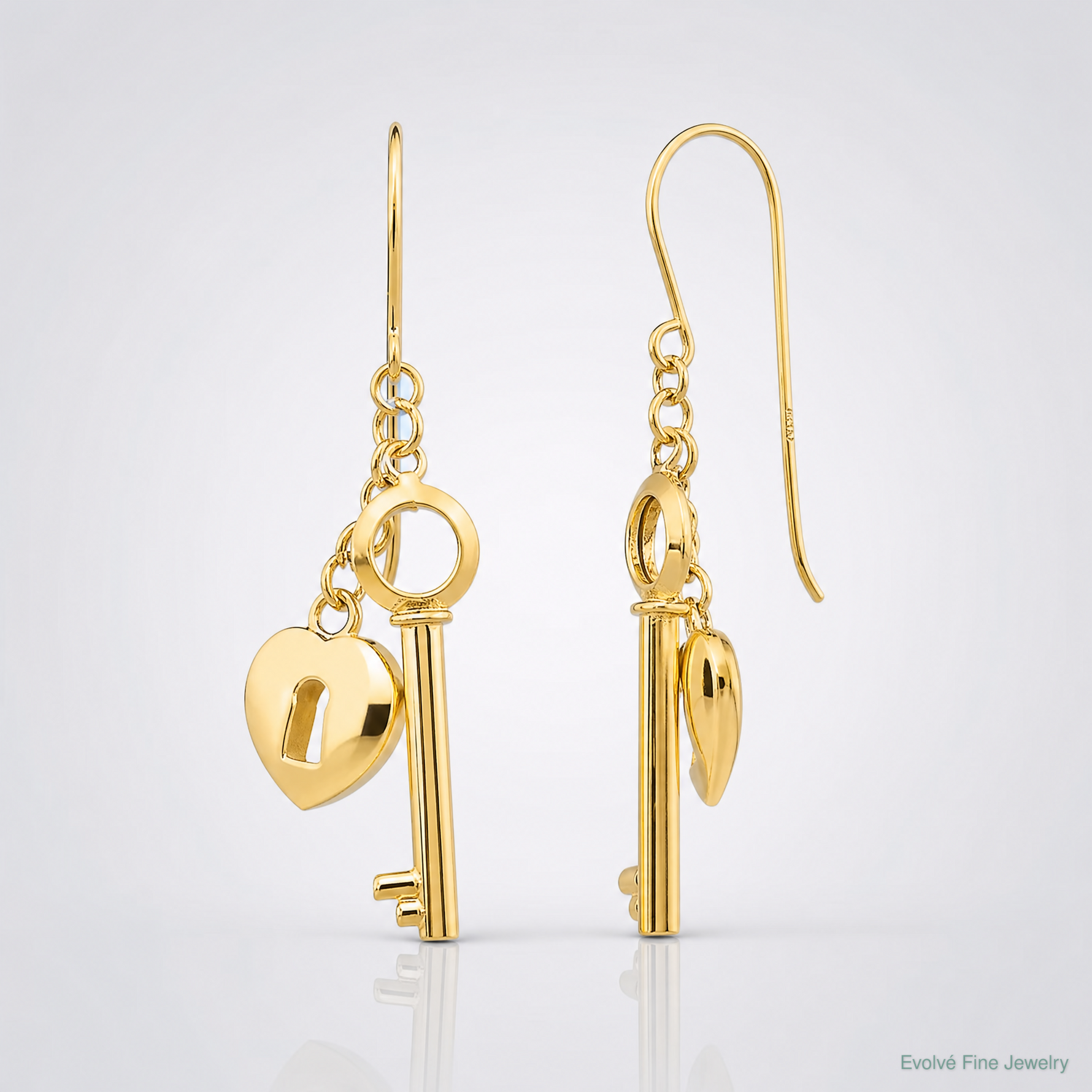 14K Gold Puff Heart Lock and Key Earrings - Lifestyle View