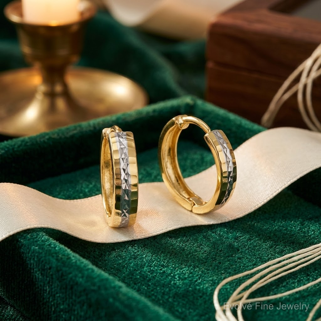 14k w/Rhodium Diamond-cut 3x12mm Hinged Hoop Earrings - Lifestyle View