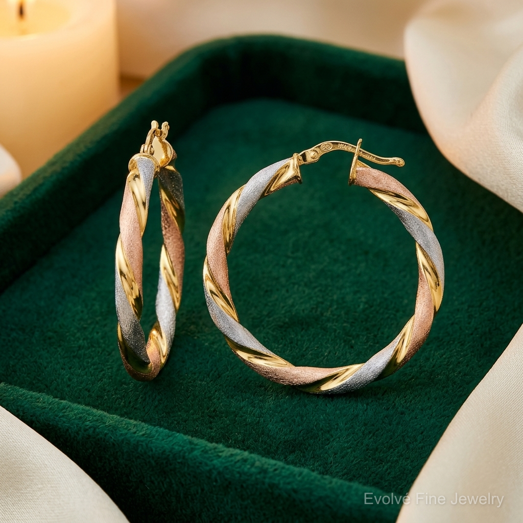 Leslie's Sterling Silver Tri-color Twisted Hinged Hoop Earrings - Lifestyle View