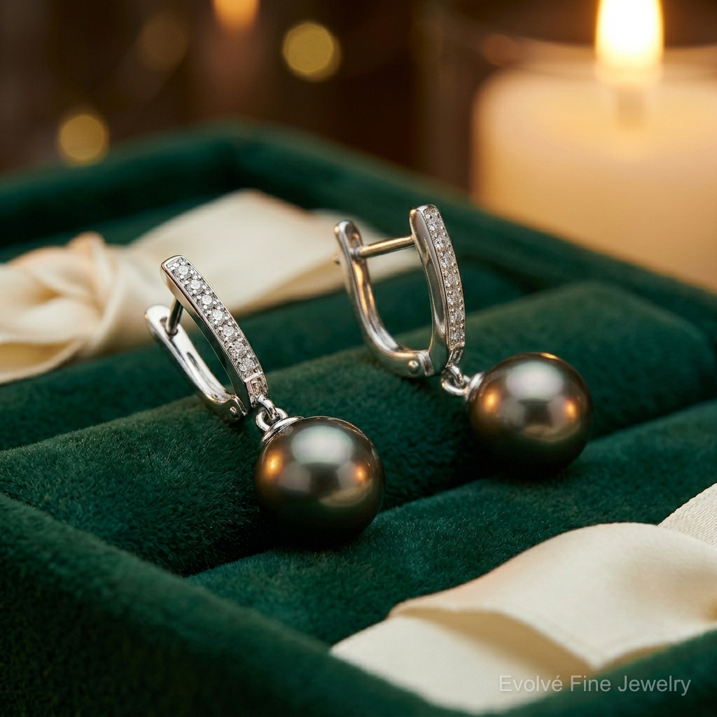 14K WG 9-10mm Round Saltwater Cultured Tahitian Pearl Diam Dangle Earrings - Lifestyle View