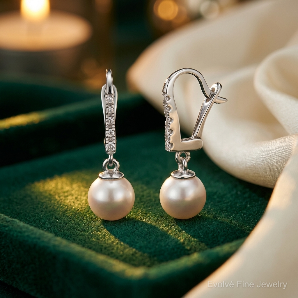 14K White Gold 6-7mm Rnd Wht Akoya Pearl and .085ct Dia Dangle Earrings - Lifestyle View