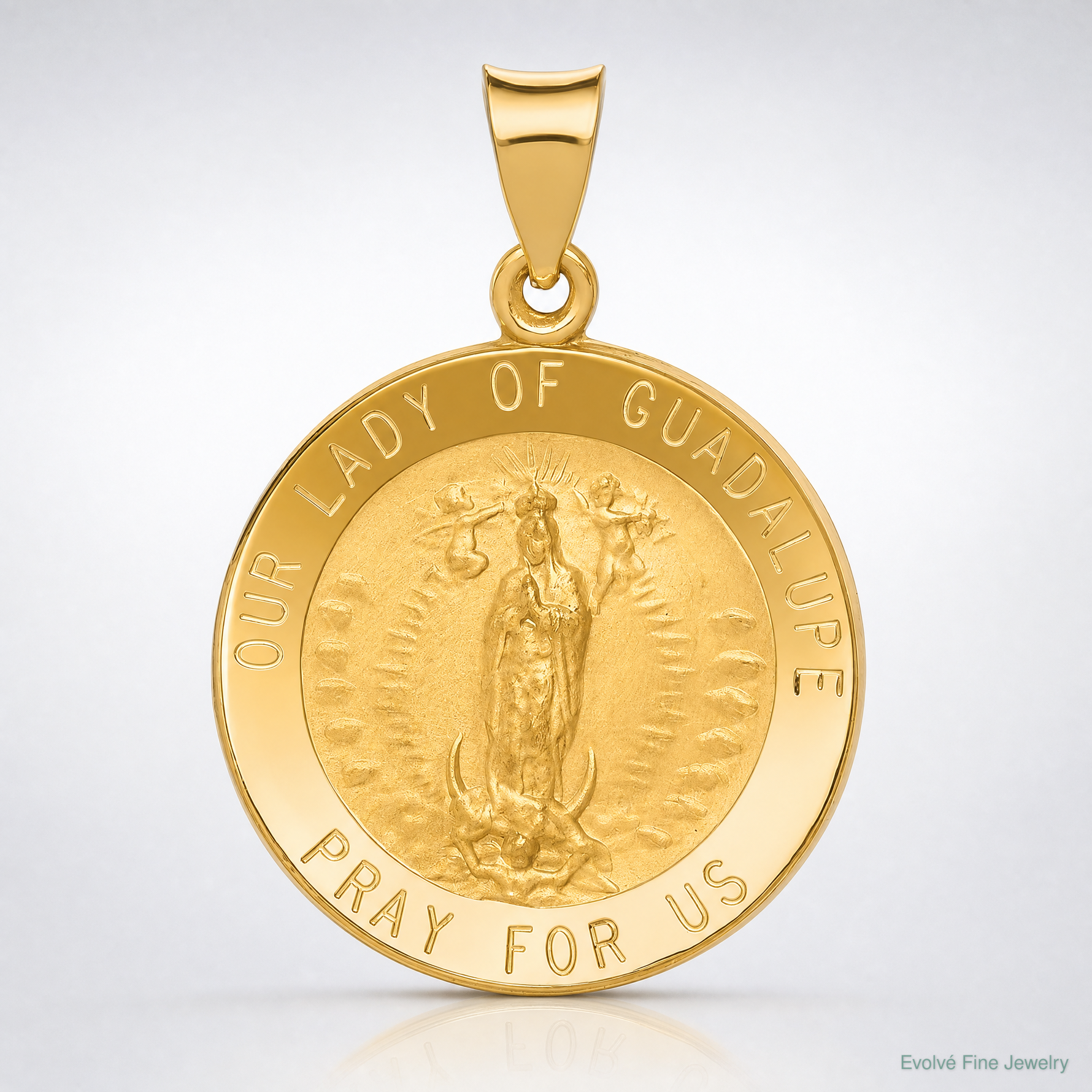 14k Polished/Satin Our Lady of Guadalupe Medal Hollow Pendant - Lifestyle View