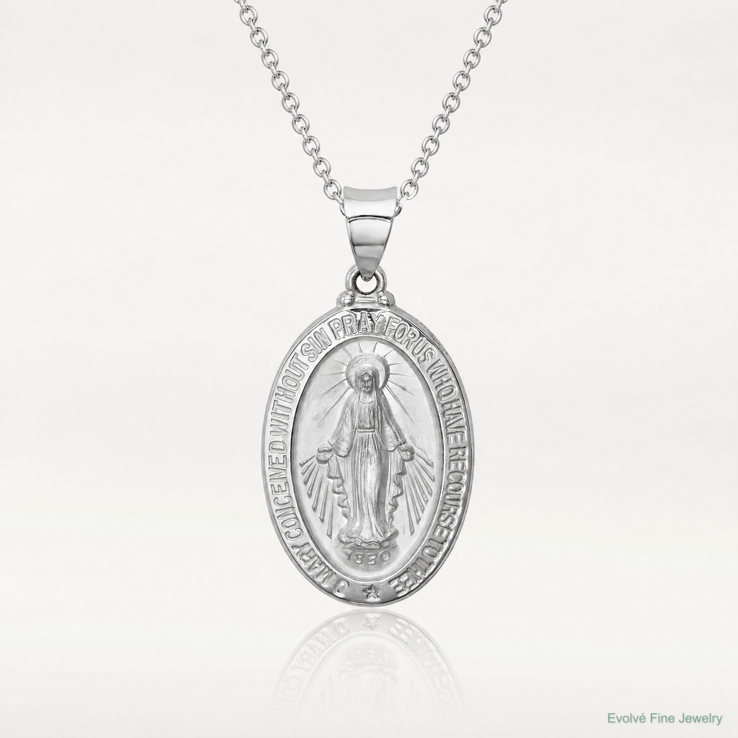 14k White Gold Polished/Satin Miraculous Medal Hollow Pendant - Lifestyle View