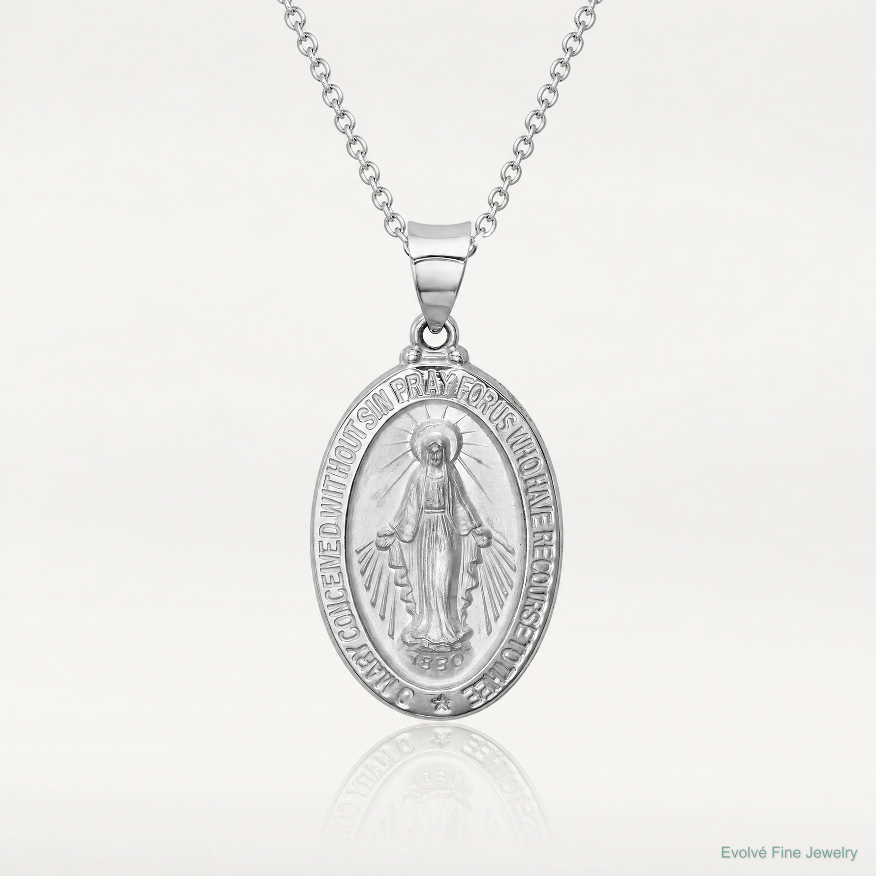 14k White Gold Polished/Satin Miraculous Medal Hollow Pendant - Lifestyle View