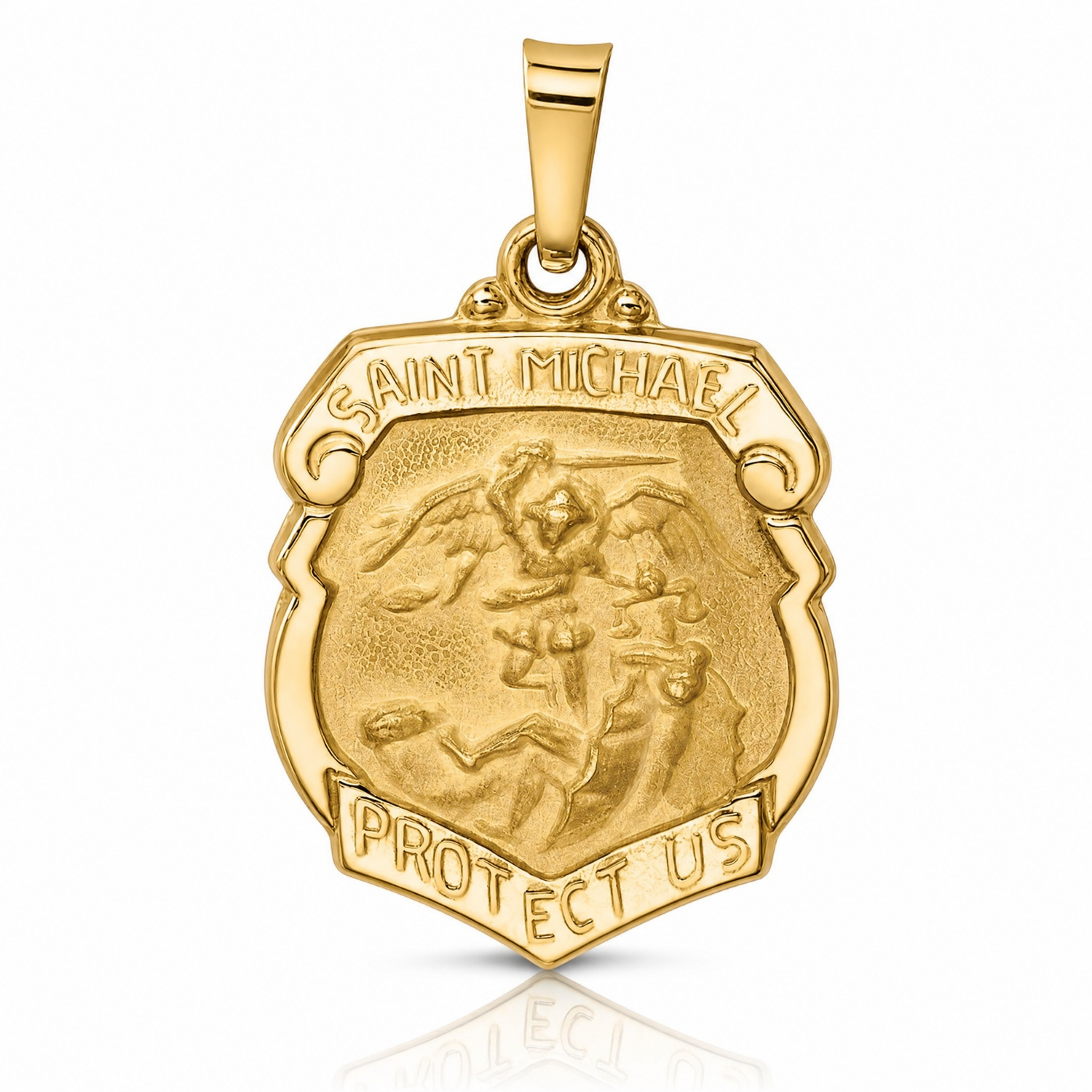14k Polished and Satin St Michael Badge Medal Hollow Pendant - Lifestyle View