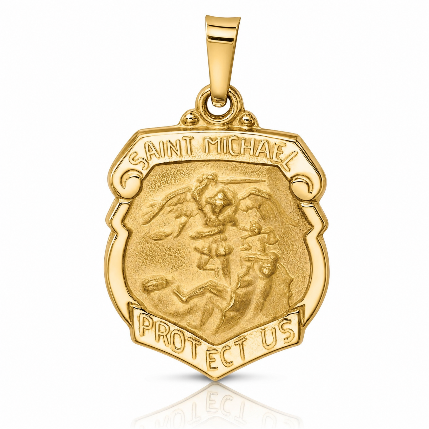 14k Polished and Satin St Michael Badge Medal Hollow Pendant - Lifestyle View