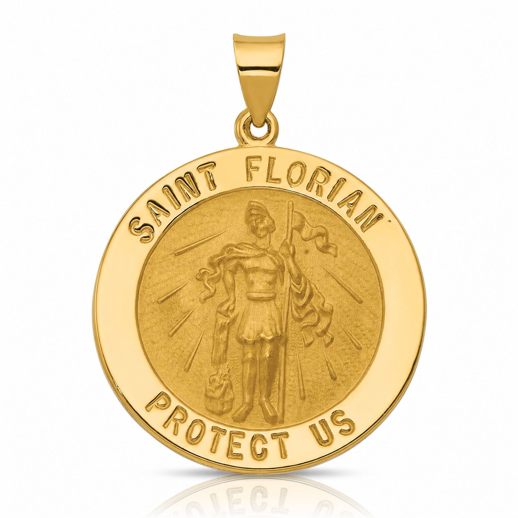 14k Polished and Satin St Florian Medal Hollow Pendant - Lifestyle View
