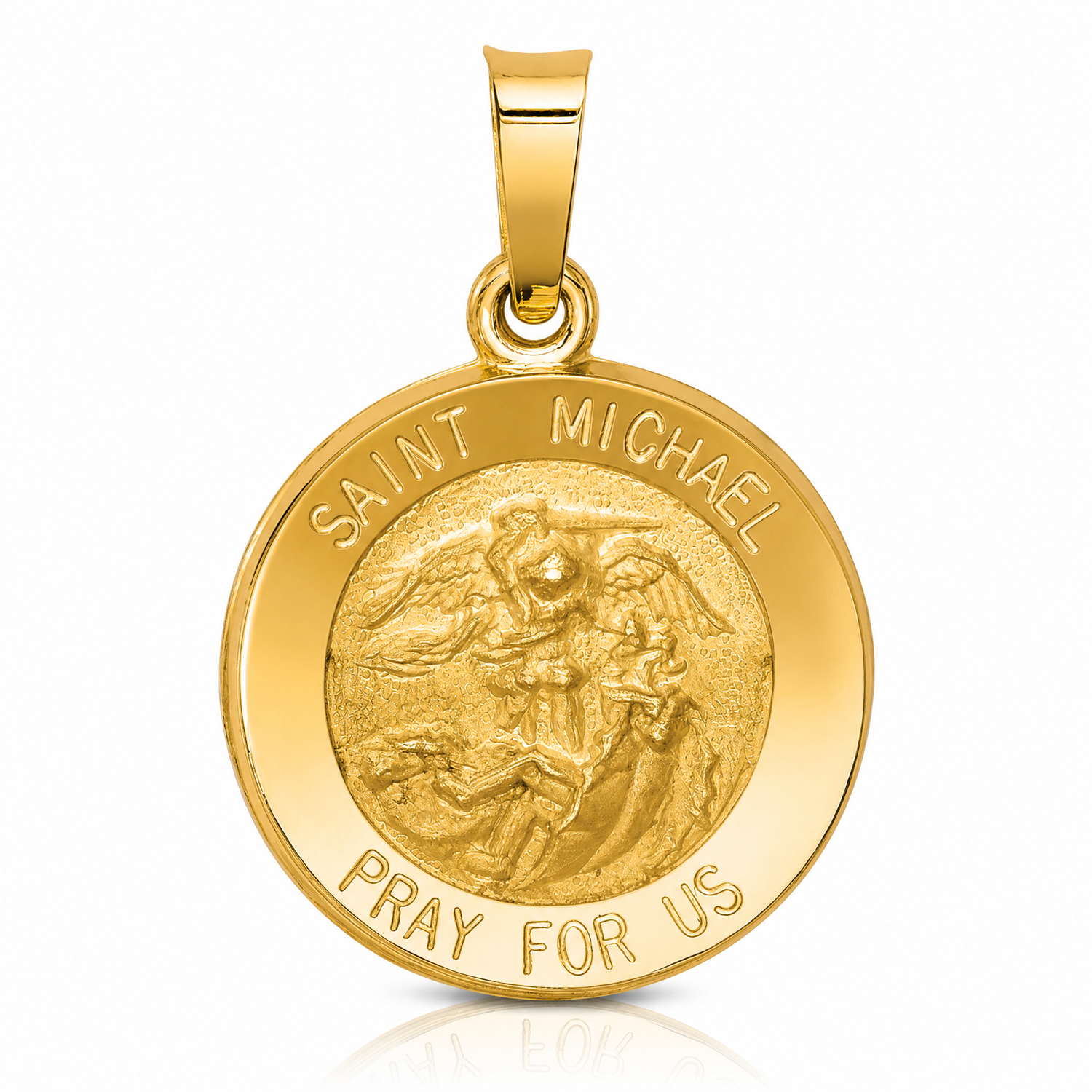 14k Polished and Satin St Michael Medal Hollow Pendant - Lifestyle View