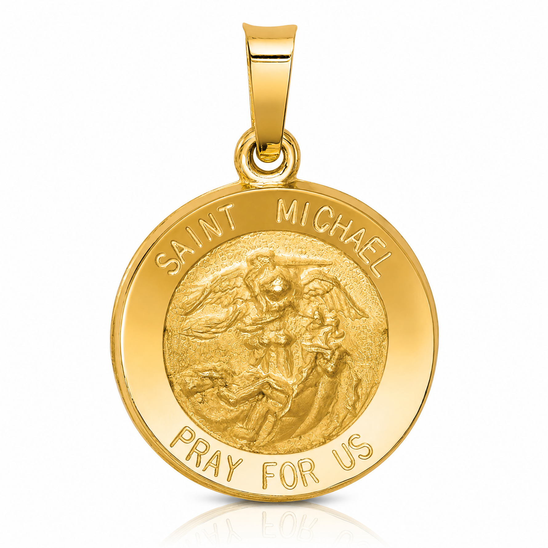 14k Polished and Satin St Michael Medal Hollow Pendant - Lifestyle View