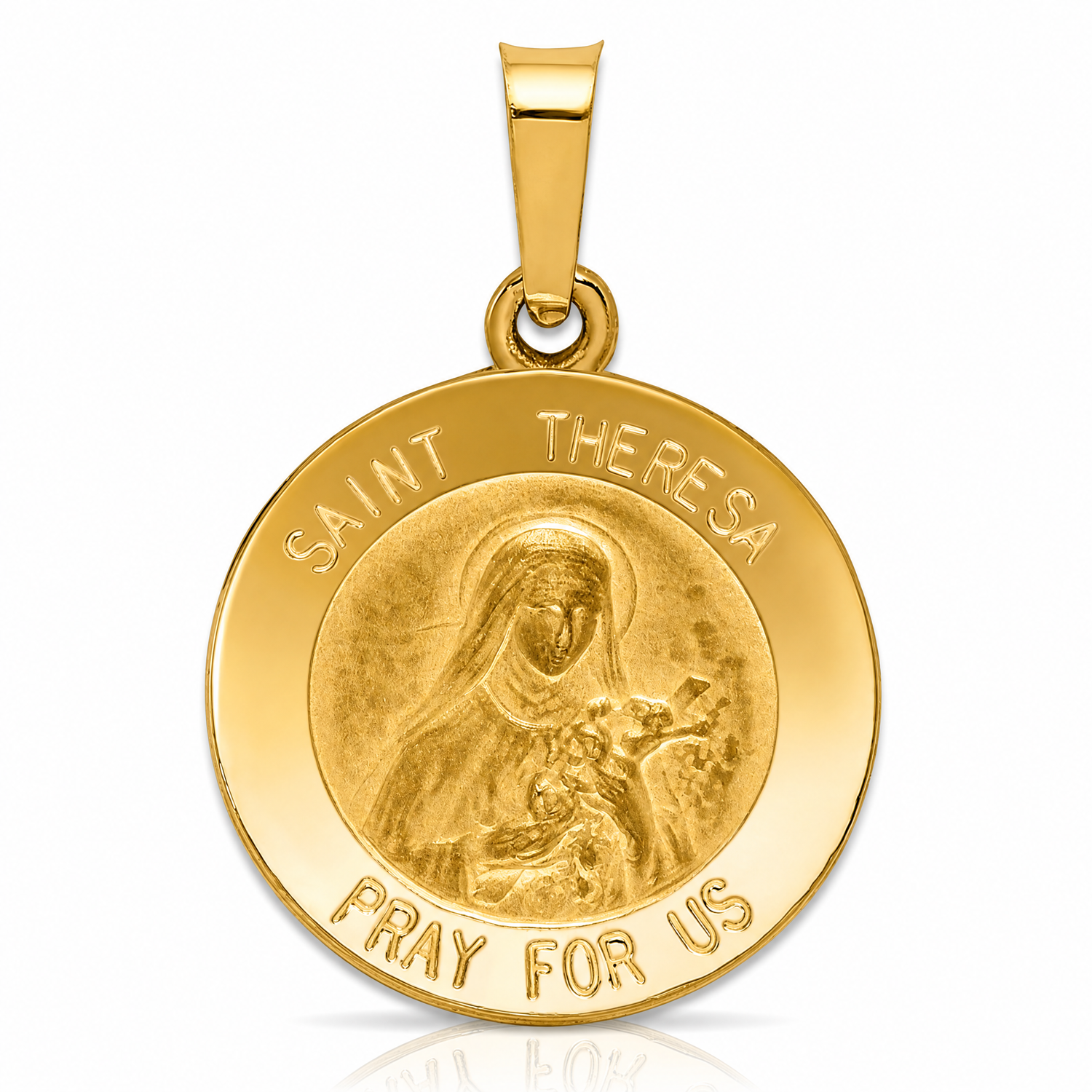 14k Polished and Satin St Theresa Medal Hollow Pendant - Lifestyle View