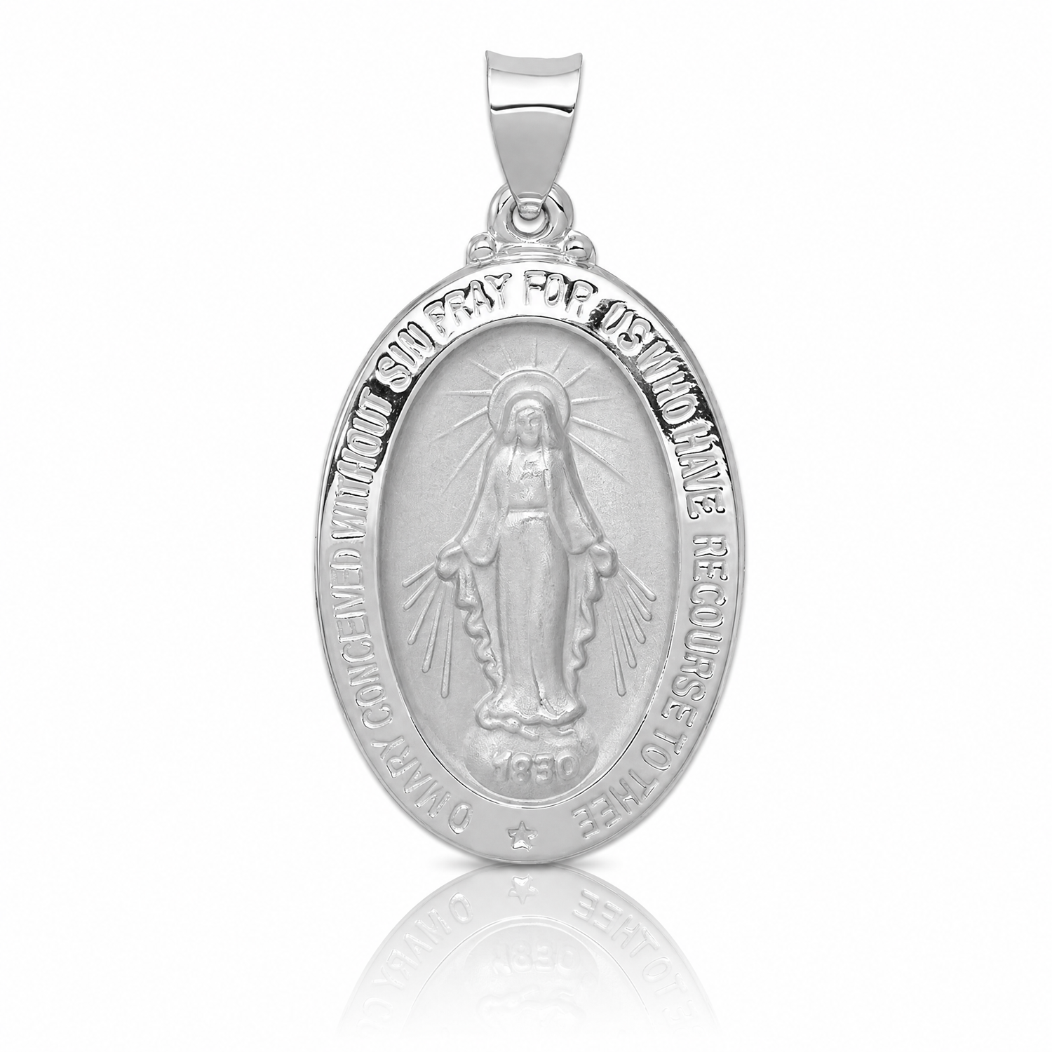 14k White Gold Polished/Satin Miraculous Medal Hollow Pendant - Lifestyle View