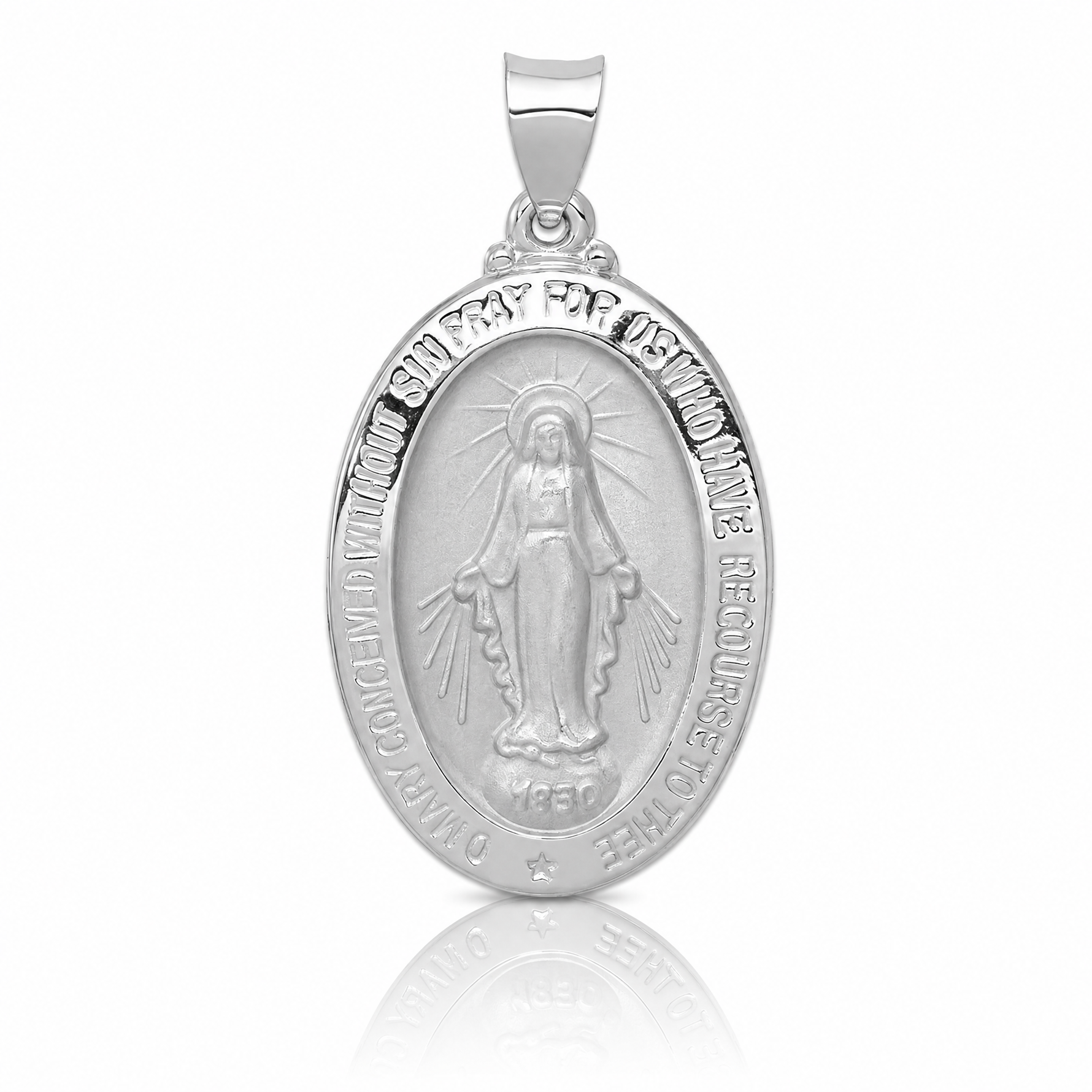 14k White Gold Polished/Satin Miraculous Medal Hollow Pendant - Lifestyle View