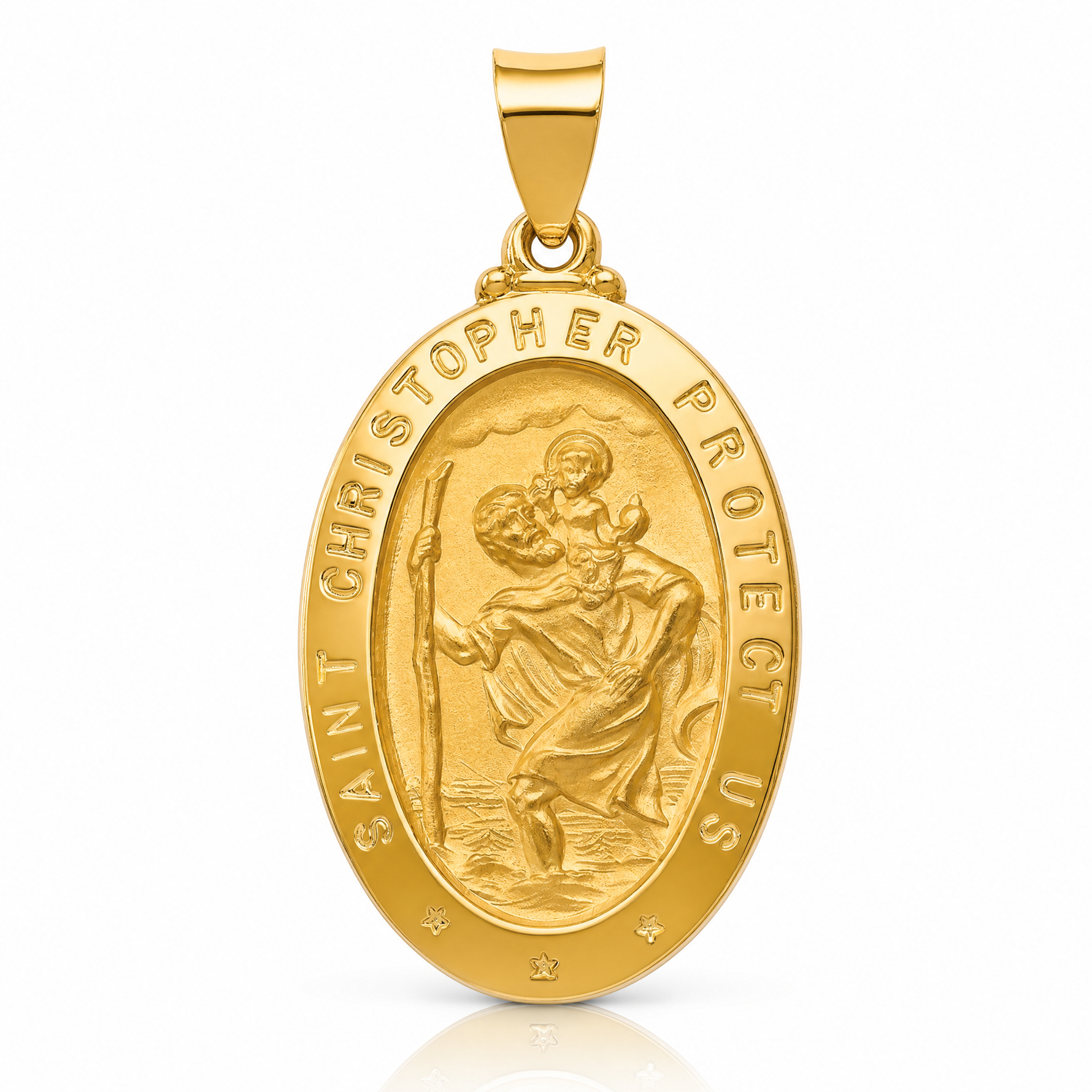 14k Polished and Satin St Christopher Medal Hollow Pendant - Lifestyle View