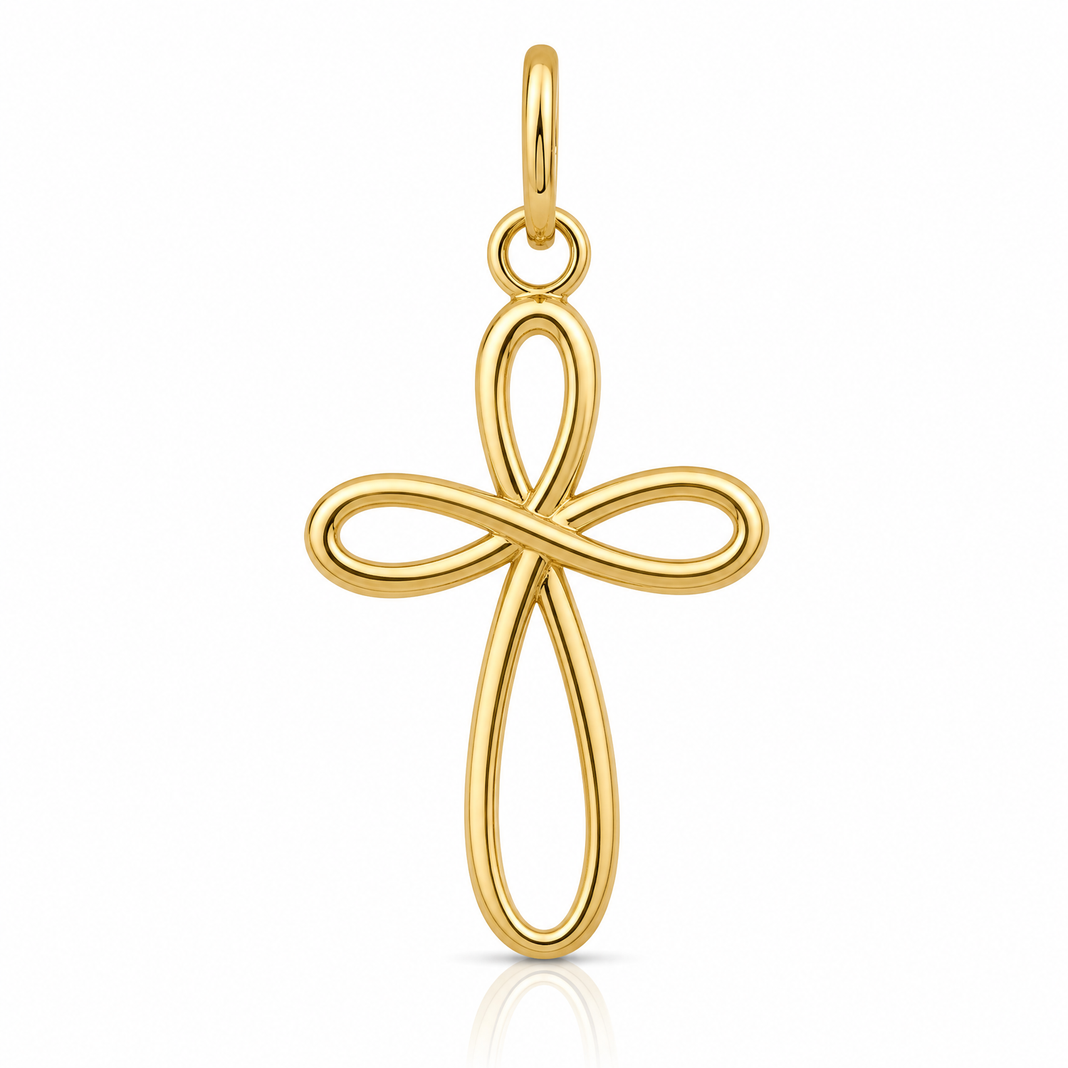 14k Gold Polished Small Ribbon Cross Pendant - Lifestyle View