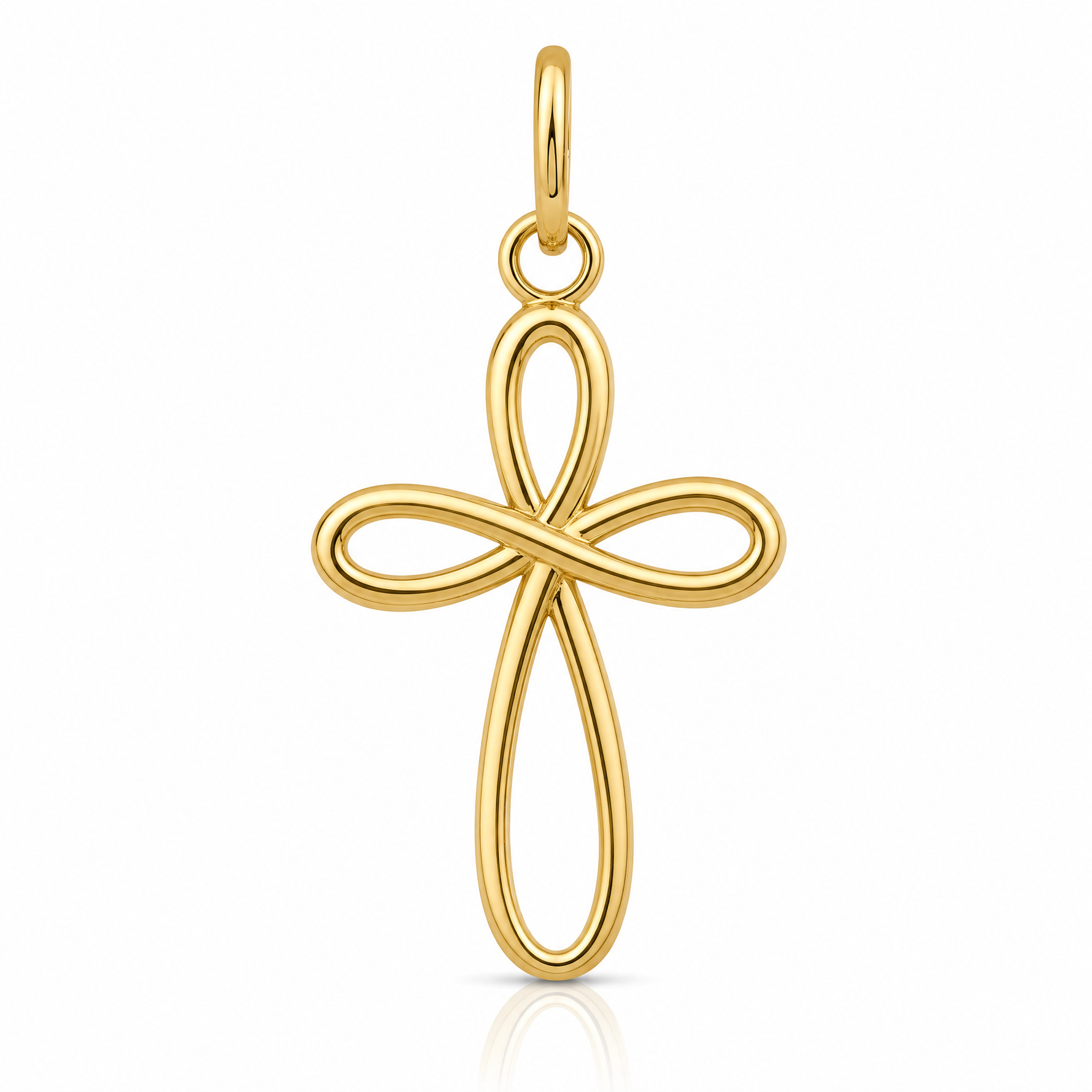 14k Gold Polished Small Ribbon Cross Pendant - Lifestyle View