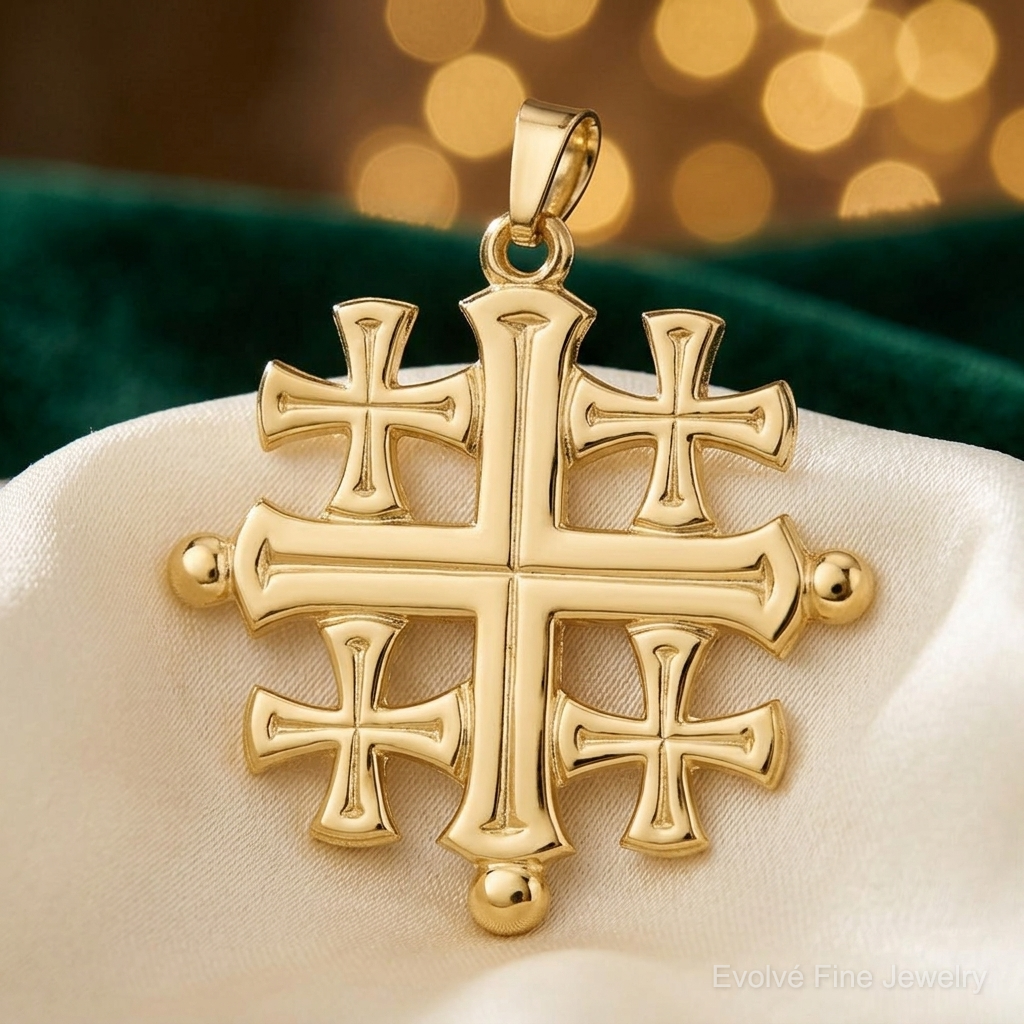 14k Polished Jerusalem Cross Pendant - Lifestyle View