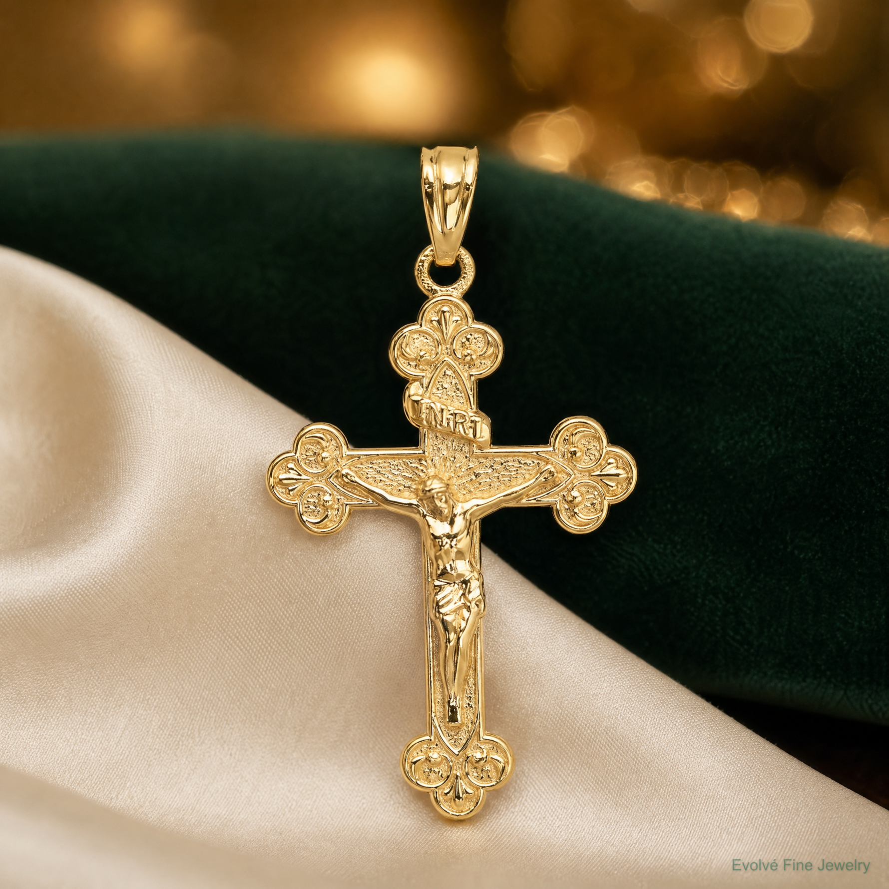 14k Gold Polished INRI Medium Crucifix Pendant - Lifestyle View