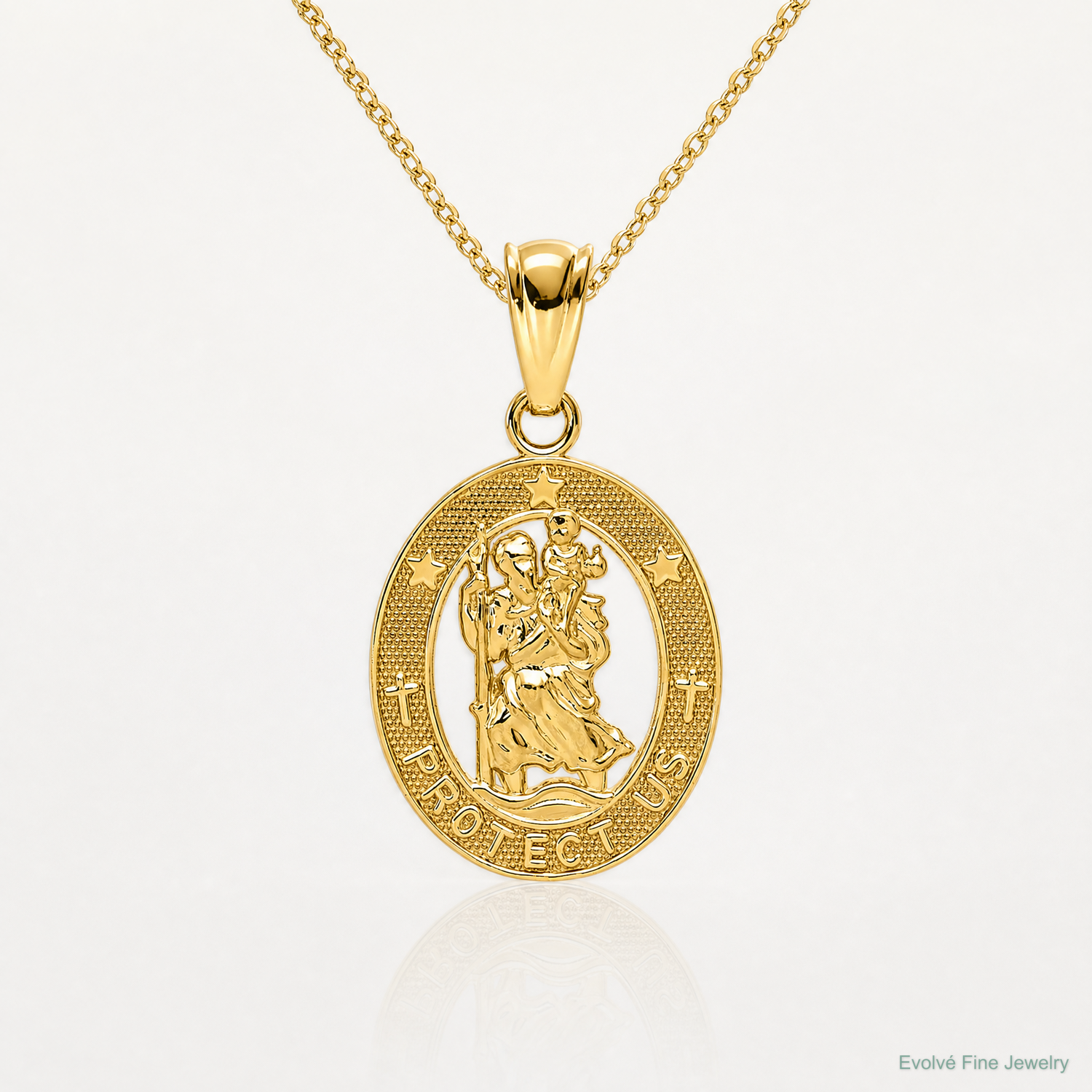 14k Gold Polished St Christopher Pendant - Lifestyle View