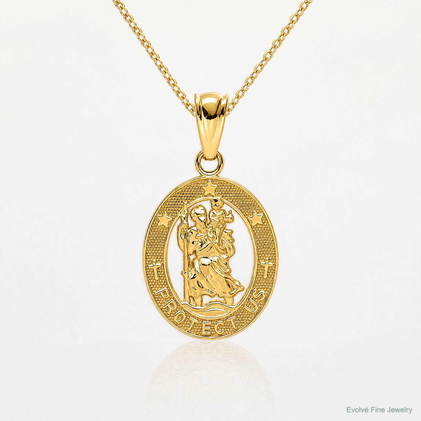 14k Gold Polished St Christopher Pendant - Lifestyle View