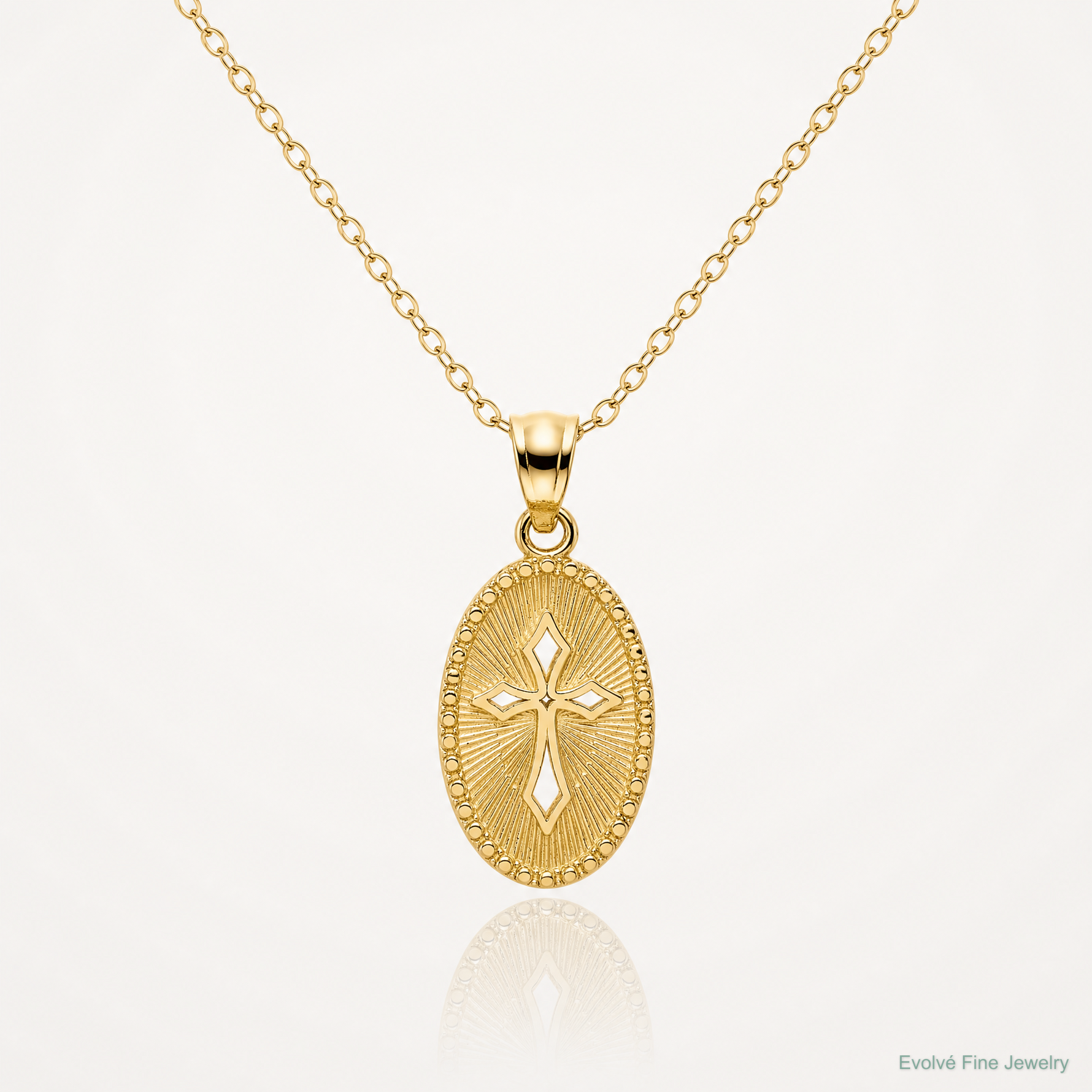 14k Gold Polished Small Cross Medal Pendant - Lifestyle View