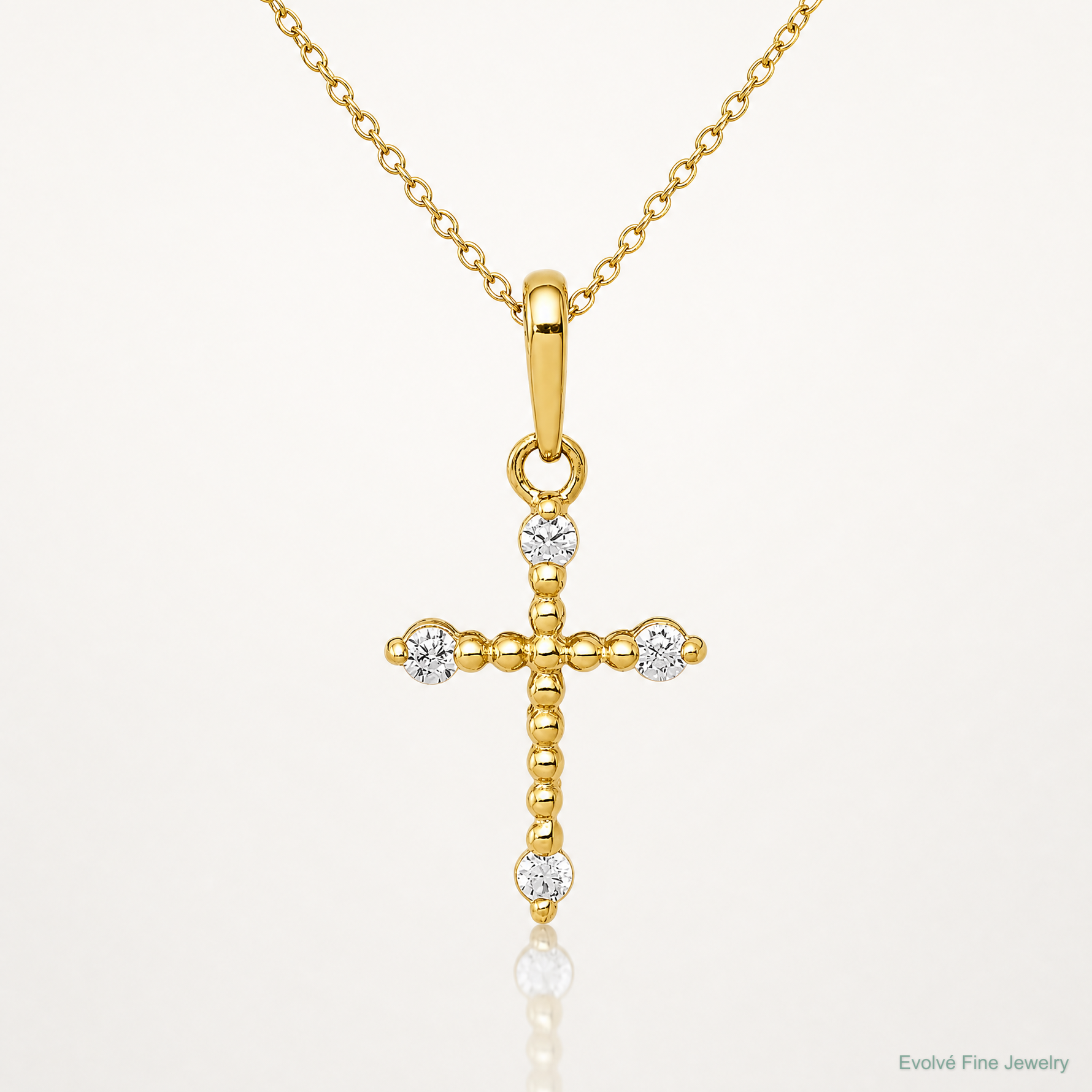 14k Polished Beaded CZ Cross Charm - Lifestyle View