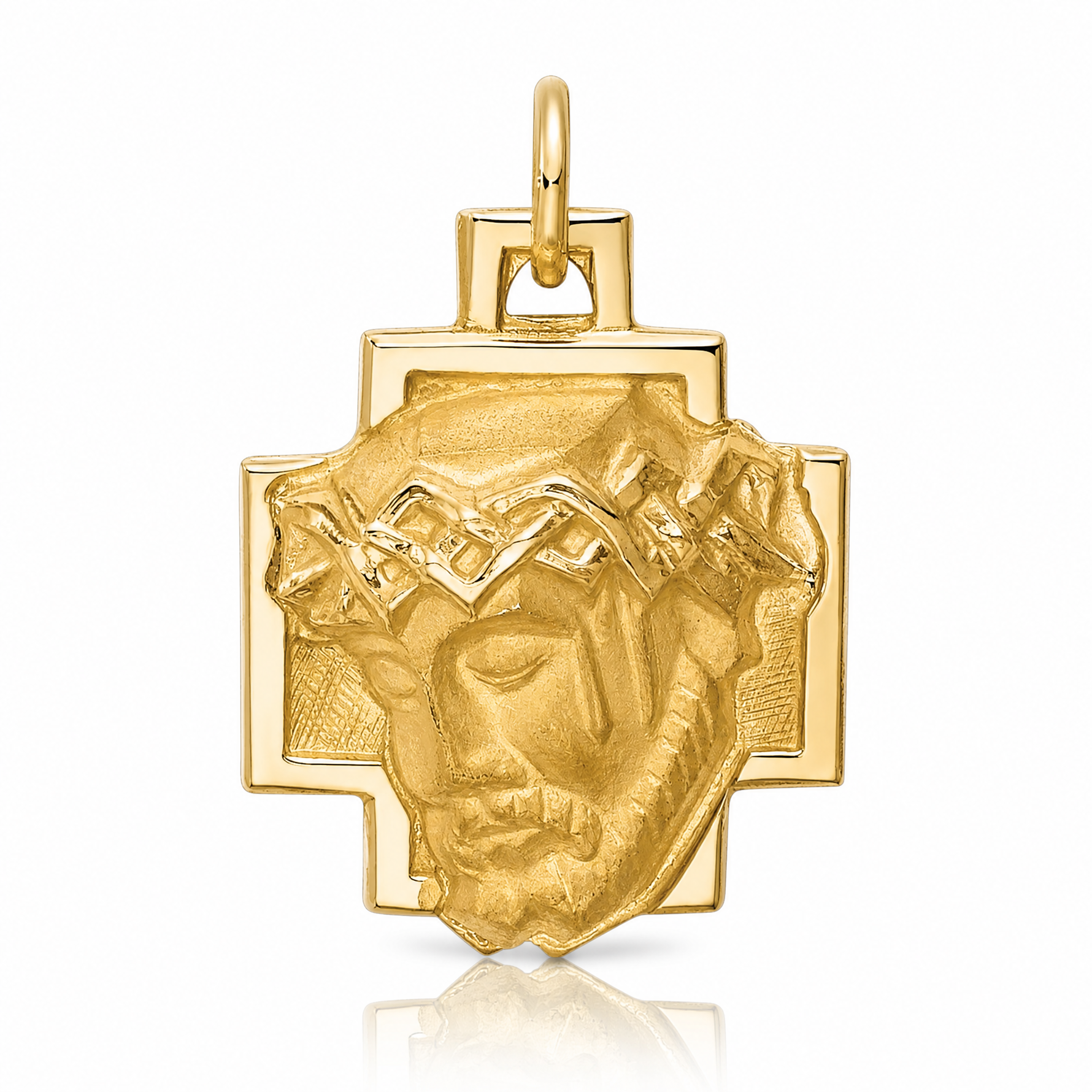 14k Hollow Polished/Satin Small Jesus Cross Medal - Lifestyle View