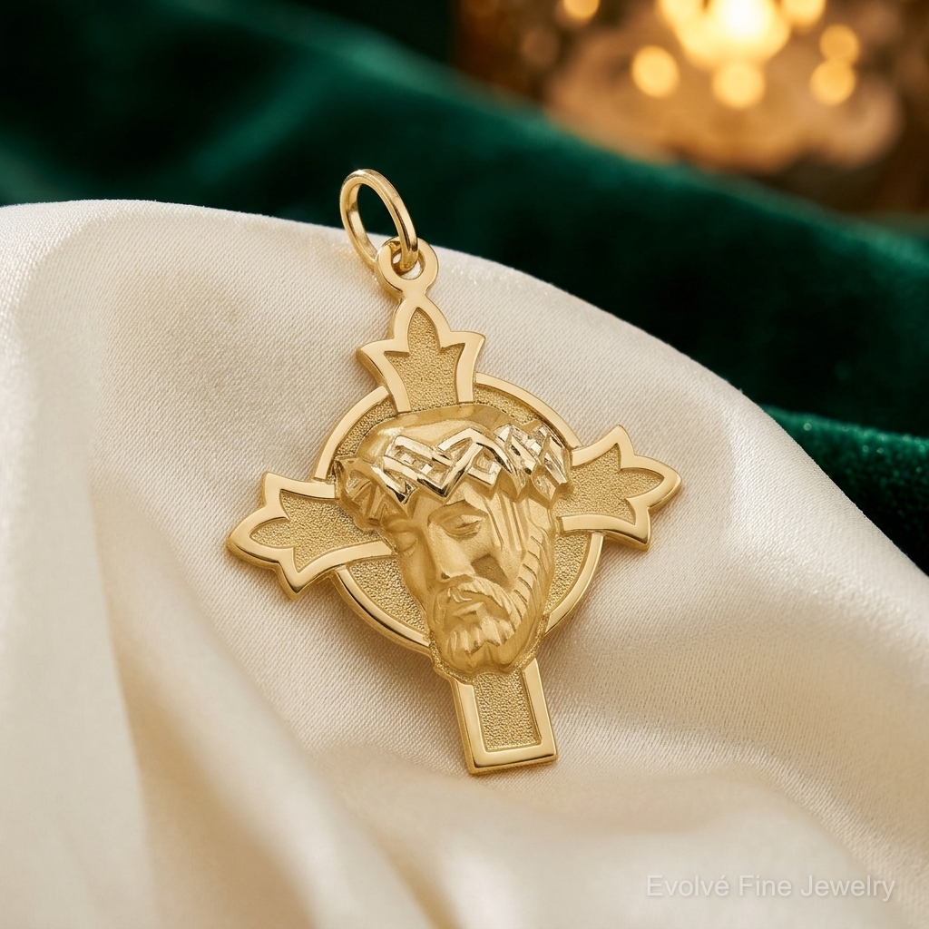 14k Hollow Polished/Satin Medium Jesus Medal Cross - Lifestyle View