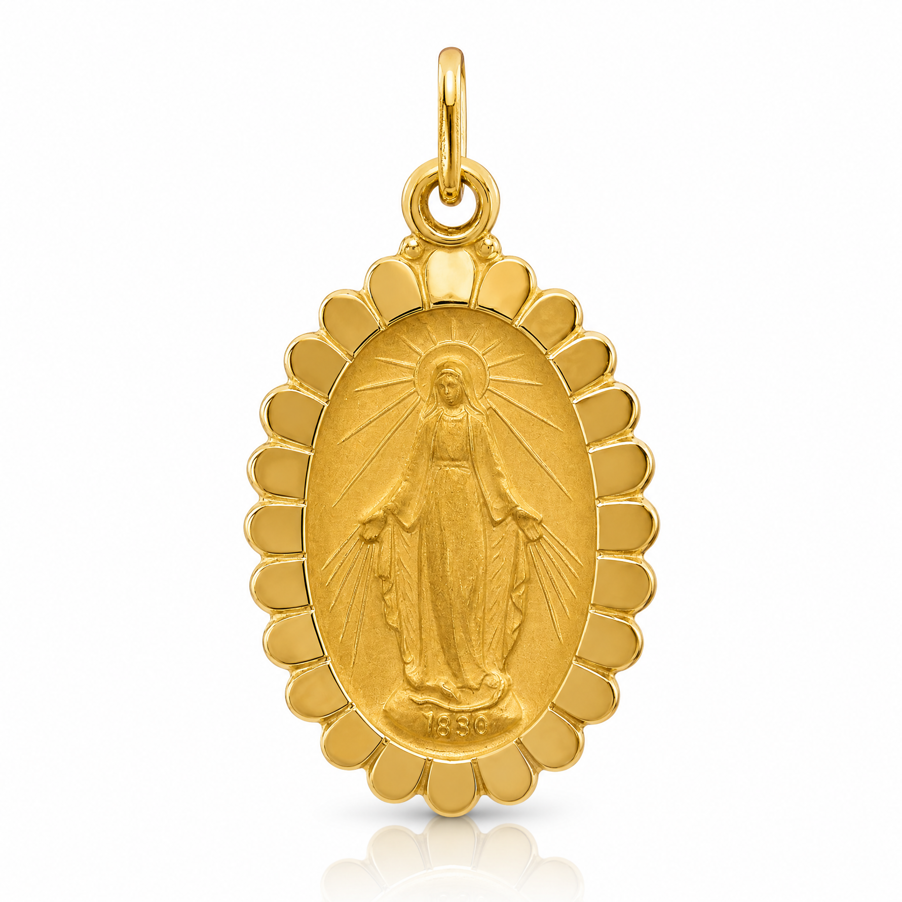 14k Solid Polished/Satin Medium Oval Scalloped Miraculous Medal - Lifestyle View