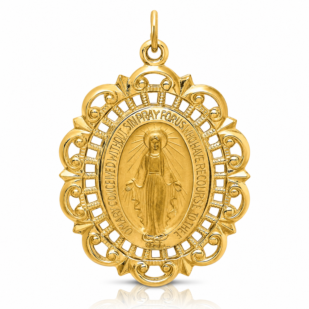 14K Yellow Gold Solid Polished/Satin Fancy Pierced Oval Miraculous Medal