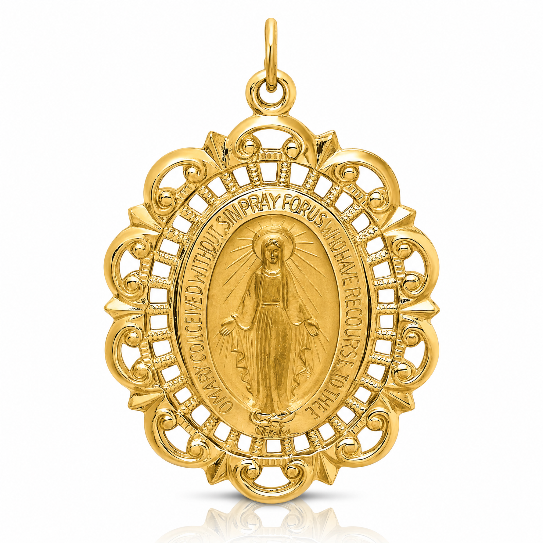 14k Solid Polished/Satin Fancy Pierced Oval Miraculous Medal - Lifestyle View