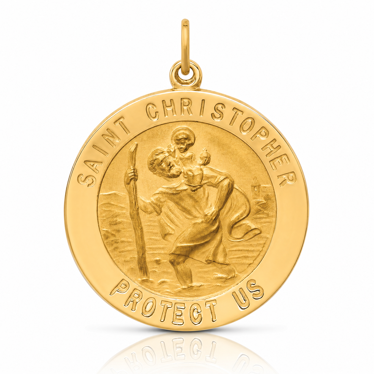 14k Solid Polished/Satin Large Round St. Christopher Medal - Lifestyle View