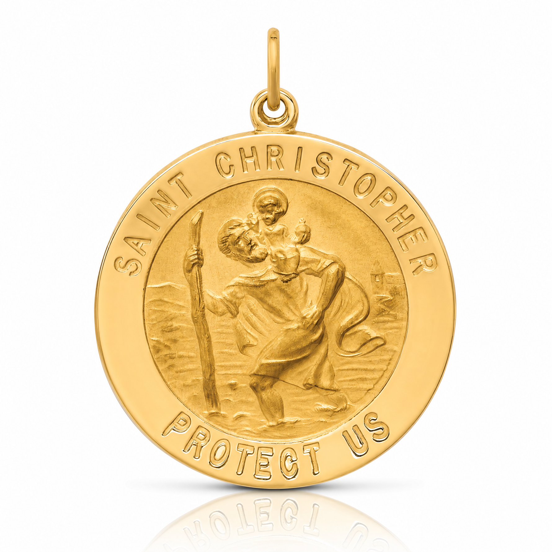 14k Solid Polished/Satin Large Round St. Christopher Medal - Lifestyle View