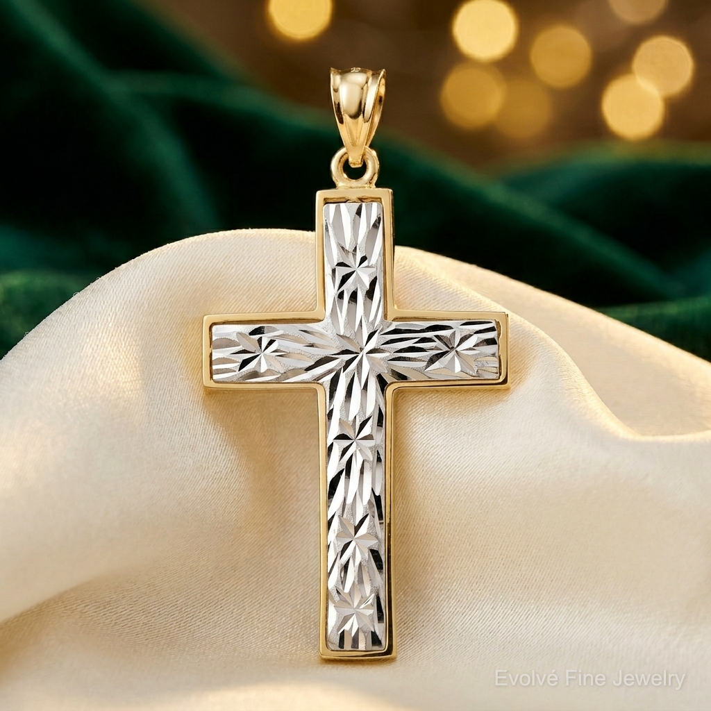 14K Two-tone Polished & Diamond-cut Cross Pendant - Lifestyle View