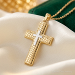 14k Two-tone Polished Hollow Woven Double Cross Pendant - Lifestyle View