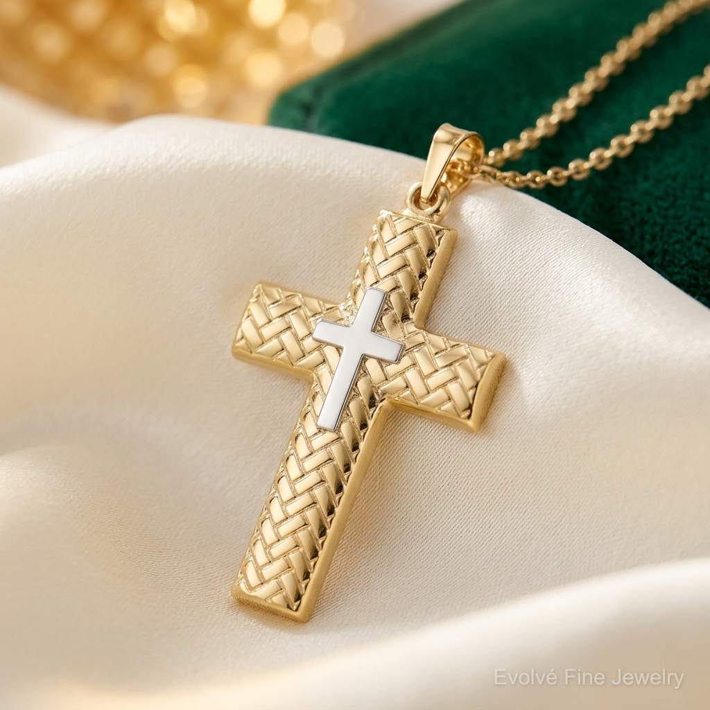 14k Two-tone Polished Hollow Woven Double Cross Pendant - Lifestyle View