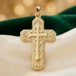 14k Polished and Textured Hollow Scroll Design Double Cross Pendant - Lifestyle View