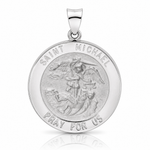14k White Gold Polished and Satin Hollow St Michael Medal Pendant - Lifestyle View