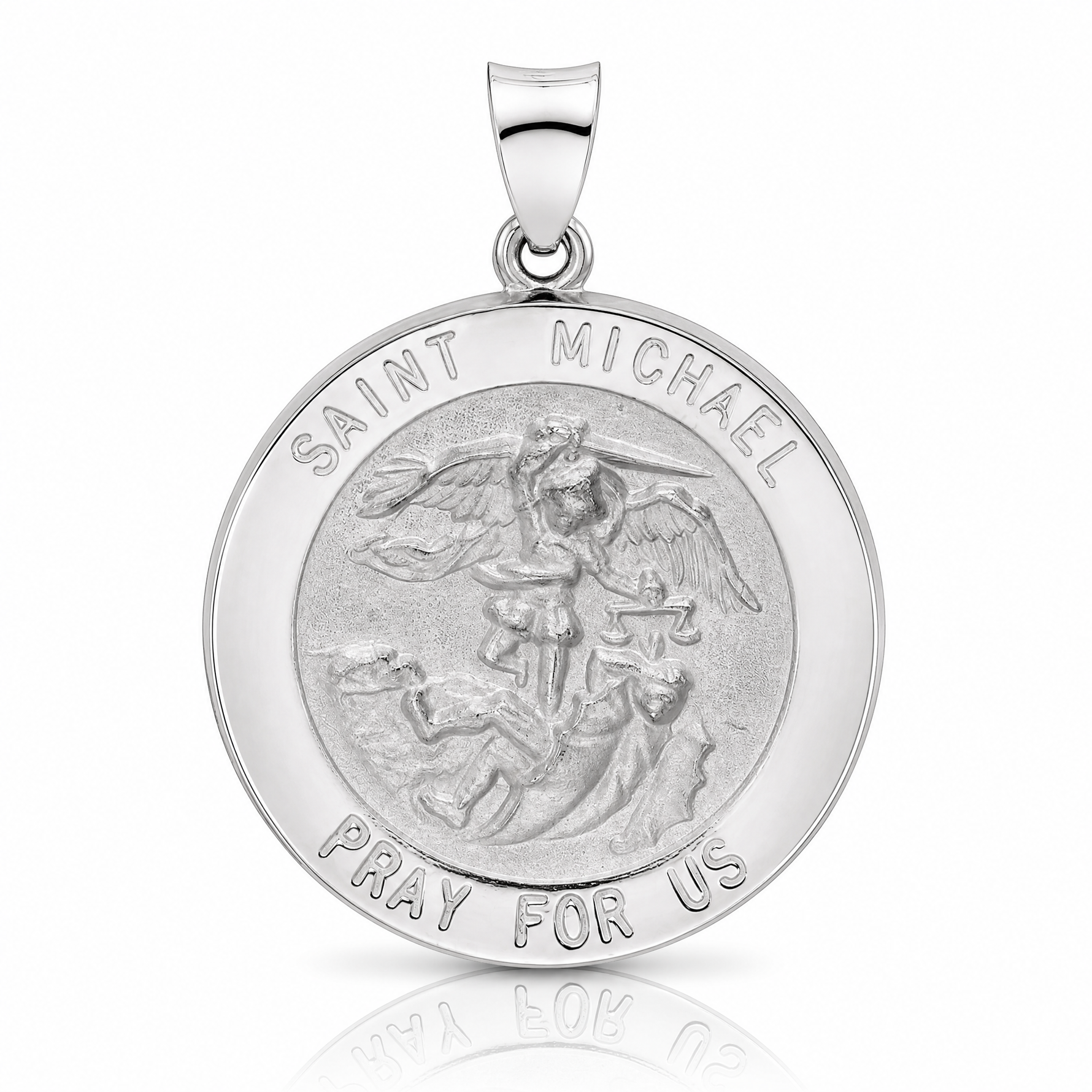 14k White Gold Polished and Satin Hollow St Michael Medal Pendant - Lifestyle View
