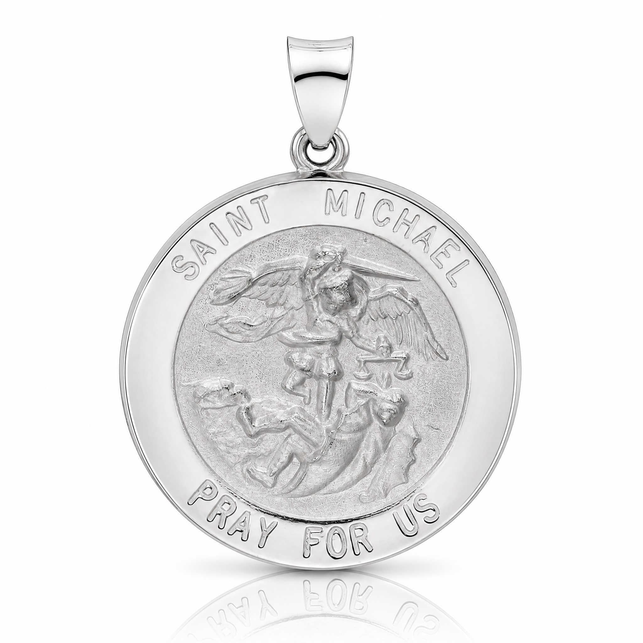 14k White Gold Polished and Satin Hollow St Michael Medal Pendant - Lifestyle View