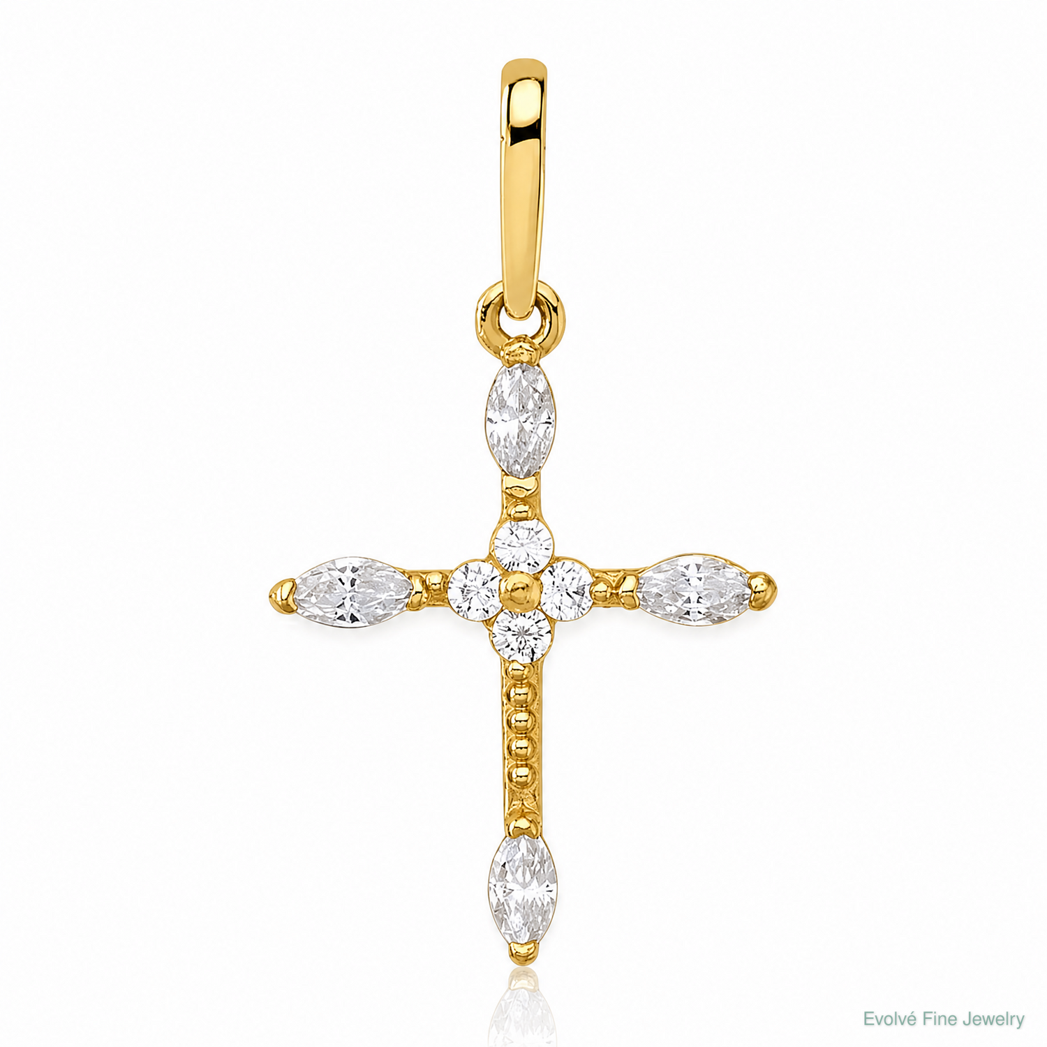 14k Polished and Beaded Fancy CZ Cross Pendant - Lifestyle View